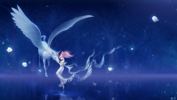 Картинка аниме sailor+moon chibi usa pegasus девушка платье пегас конь единорог лес деревья лепестки вода гладь отражение