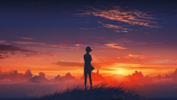 Картинка рисованное люди девушка закат трава гора облака небо