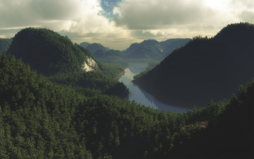 Картинка 3д+графика природа+ nature облака река лес горы