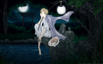 Картинка аниме natsume+yuujinchou natsume takashi madara cilou мужчина кот животное ночь небо облака луна полнолуние лес деревья ворота трава растения вода камни пруд рука фонарь кимоно