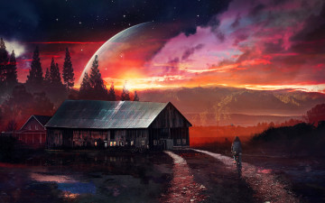 Картинка фэнтези фотоарт планета зарево звезды небо ночь горы лес велосипед девушка дорога дом home planet stars