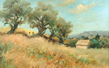 Картинка рисованное живопись марсель диф деревья люди дом пейзаж картина поле оливы