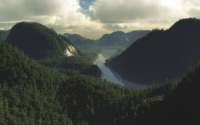 Обои картинки фото 3д графика, природа , nature, облака, река, лес, горы