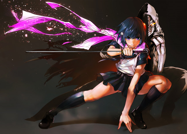 Обои картинки фото аниме, оружие,  техника,  технологии, sukenume, меч, поза, взгляд, девушка, арт, ninja, slayer, yamoto, koki