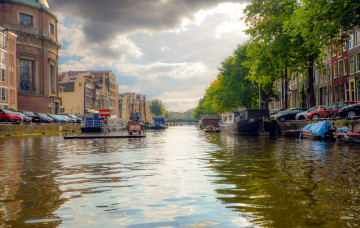 Картинка города амстердам+ нидерланды канал баржи