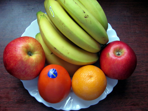 Обои картинки фото еда, фрукты,  ягоды, яблоки, апельсин, хурма, бананы