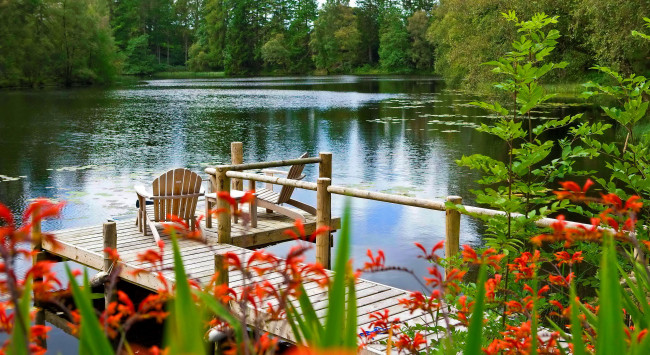 Обои картинки фото природа, реки, озера, озеро, кресло, мостки