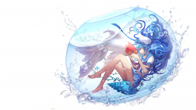 Обои картинки фото аниме, vocaloid, вода, aoiakamaou, аквариум, рыбка, hatsune, miku, арт, кои, девочка