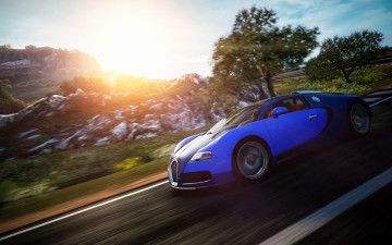 Картинка автомобили bugatti трасса шоссе дорога камни деревья горы синий скорость бугатти veyron