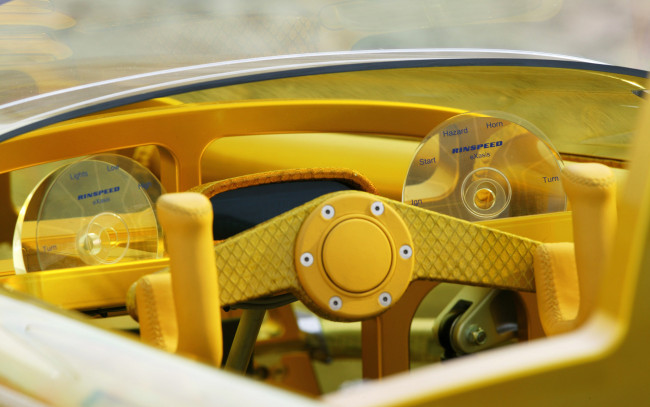 Обои картинки фото amswiss rinspeed exasis, автомобили, спидометры, торпедо, желтый, концепт, руль, диск