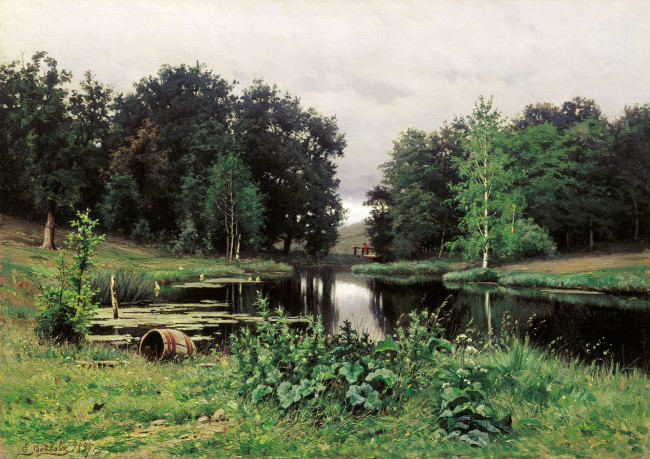 Обои картинки фото пейзаж с прудом, рисованное, ефим волков, лес, пруд, бочка, трава