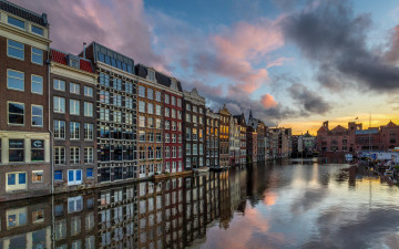 обоя города, амстердам , нидерланды, канал, дома, закат
