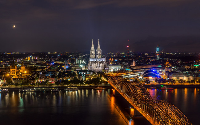 Обои картинки фото города, кельн , германия, река, мост, вечер, огни