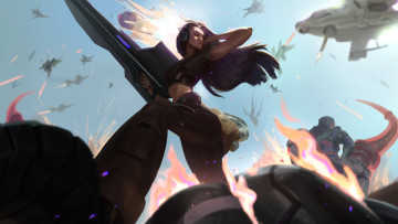 обоя видео игры, league of legends, samira, девушка, оружие, ракурс, техника, бой