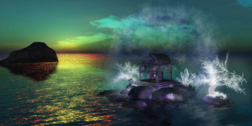 Картинка 3д графика fantasy фантазия брызги море дерево закат