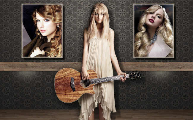 Обои картинки фото Taylor Swift, девушки, , , гитара, портреты, стена