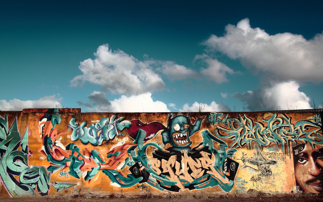 Обои картинки фото разное, граффити, рисунок, стена, небо, улица