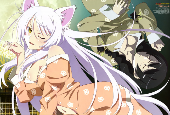 Обои картинки фото аниме, bakemonogatari, пижама, сон, hanekawa tsubasa, девушка, ушки, кошка, клыки
