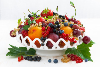 Картинка еда фрукты +ягоды лето вишня крыжовник голубика нектарин смородина изобилие клубника богатство ягоды