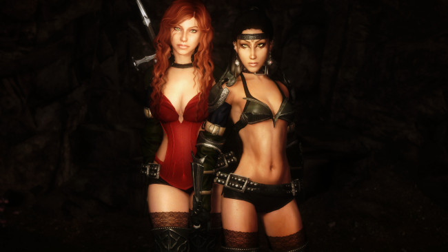 Обои картинки фото видео игры, the elder scrolls v,  skyrim, фон, взгляд, девушки