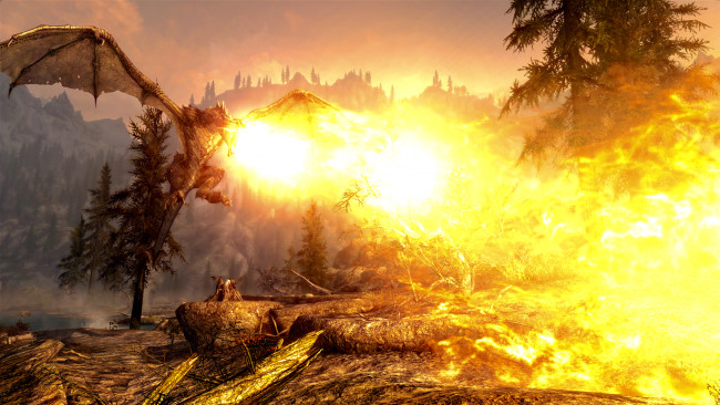 Обои картинки фото видео игры, the elder scrolls v,  skyrim, огонь, дракон