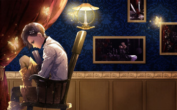 Картинка аниме wand+of+fortune est rinaudo кресло стена картины занавеска рубашка грусть лампа мотыльки