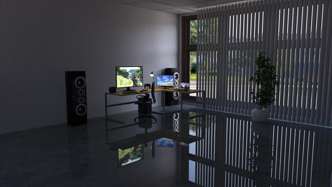 Обои картинки фото 3д графика, реализм , realism, комната, компьютер, колонки, стол