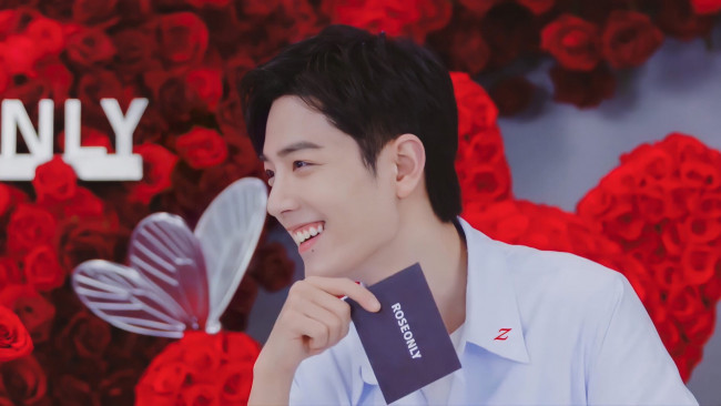 Обои картинки фото мужчины, xiao zhan, актер, розы, бабочка, презентация, карточка
