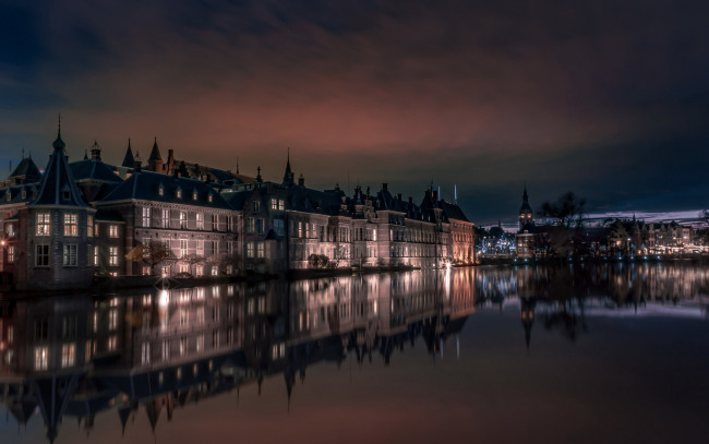 Обои картинки фото города, гаага , нидерланды, река, вечер, огни