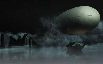 Картинка 3д графика fantasy фантазия лодка туман руины море