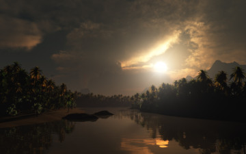 Картинка 3д графика nature landscape природа река пальмы вечер облака