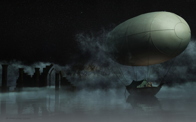 Обои картинки фото 3д, графика, fantasy, фантазия, лодка, туман, руины, море