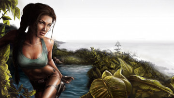 Картинка видео игры tomb raider 2013 lara croft горизонт джунгли пистолеты водоем девушка