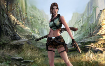 Картинка видео игры tomb raider 2013 девушка lara croft поза тень деревья дробовик пистолет ущелье