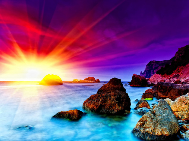 Обои картинки фото sea, rocks, lit, by, the, sun, природа, восходы, закаты, краски, закат, камни, море, берег