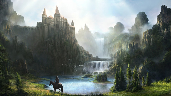 Обои картинки фото фэнтези, замки, водопад, пейзаж, всадник, замок