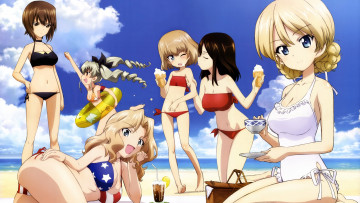 Картинка girls und panzer аниме коктейль пляж девушки