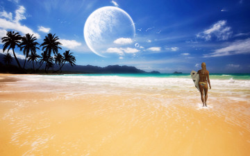 Картинка 3д графика atmosphere mood атмосфера настроения доска девушка облака планеты пальмы пляж океан