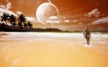 Картинка 3д графика atmosphere mood атмосфера настроения пляж океан доска девушка облака планеты пальмы