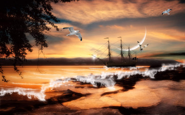 Картинка 3д графика fantasy фантазия шторм корабль чайки океан волны скалы