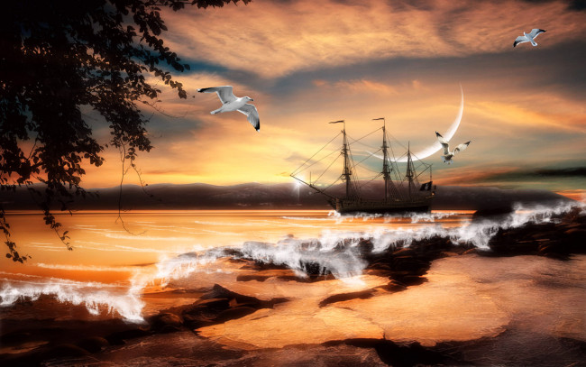 Обои картинки фото 3д, графика, fantasy, фантазия, шторм, корабль, чайки, океан, волны, скалы