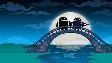 обоя компьютеры, android, река, мост, фон, логотип
