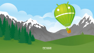 Картинка компьютеры android воздушный шар лес холмы горы фон логотип