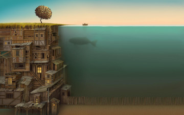 Картинка фэнтези иные+миры +иные+времена берег дерево свет окна дом рыба рыбак дно лодка море песок забор