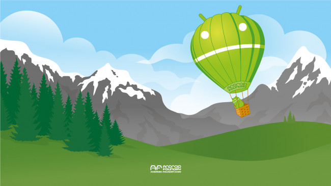 Обои картинки фото компьютеры, android, воздушный, шар, лес, холмы, горы, фон, логотип