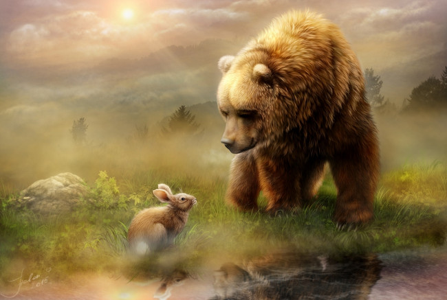 Обои картинки фото рисованное, животные, медведь, заяц, встреча, вода, отражение, луг, свет, утро