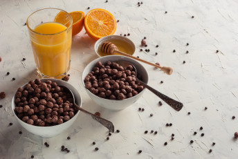 Картинка еда мюсли +хлопья сок шоколадные шарики мед завтрак