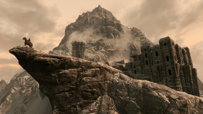 Обои картинки фото видео игры, the elder scrolls v,  skyrim, скалы, всадник, замок