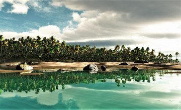 обоя 3д графика, природа , nature, пальмы, море, остров, камни, облака