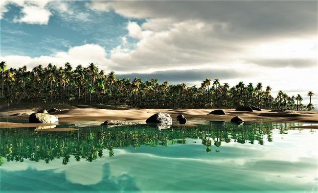 Обои картинки фото 3д графика, природа , nature, пальмы, море, остров, камни, облака